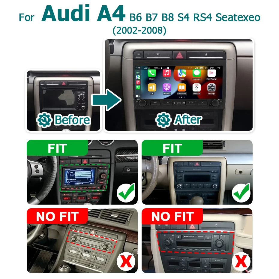 Radio para coche con pantalla de 10,26 pulgadas, Carplay inalámbrico, Android 15, accesorios para coche, estéreo para Audi A4 B6 S4 B7 RS4 Seat Exeo 2002-2008, sistemas inteligentes, reproductor multimedia, Bluetooth, autorradio, navegación GPS 2DIN 2