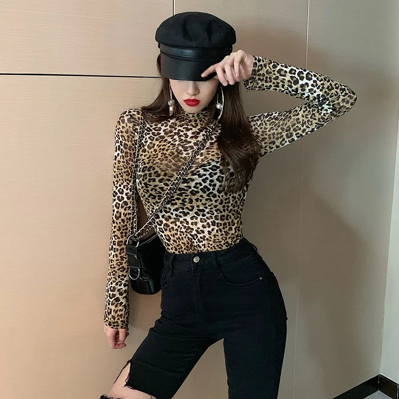 Women Retro Half High Collar Leopard T-shirt Female Autumn Sexy Slim Long-sleeved Mesh T-shirt Perspective Bottoming Tight Top 4