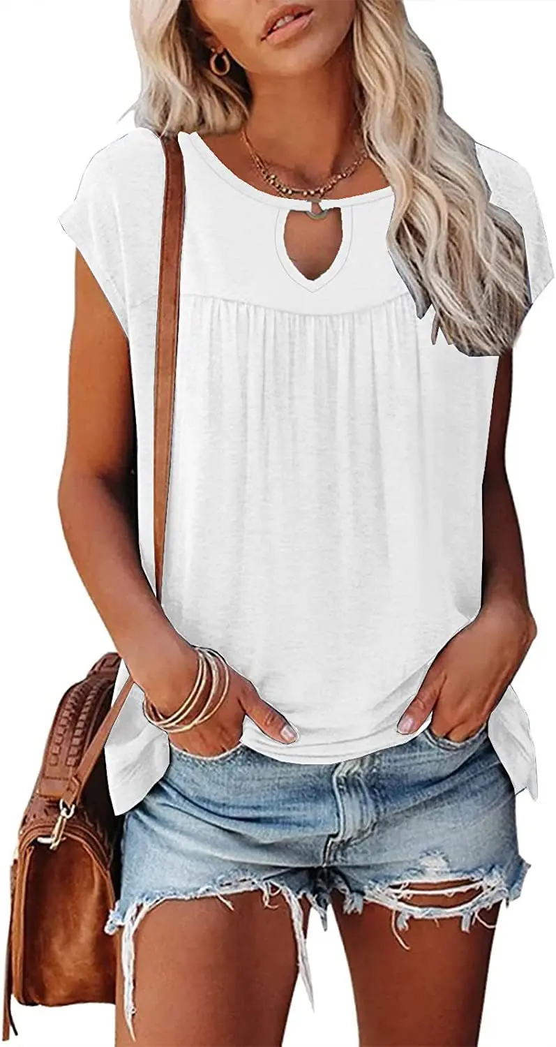 

New Women's T-shirt Joker Round Neck Hollow Pleated Short-sleeved Shirt