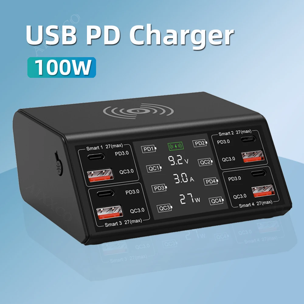 

100W QC3.0 USB Charger Station Wireless Charger Quick Charge PD USB C Charger Phone Fast Charger For iPhone Xiaomi