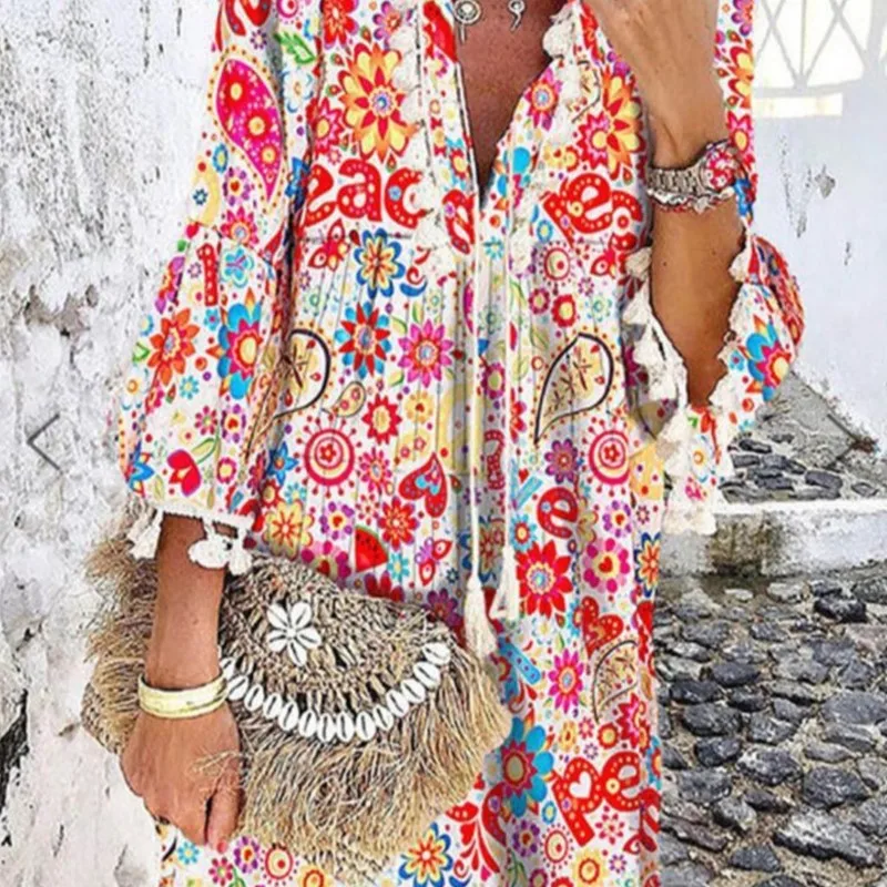 

Summer Beachwear Sundress 2023 Fashion New Print V-Neck Pullover Fringe Ruffle Sleeve Dress Loose Pullover Dresses For Women