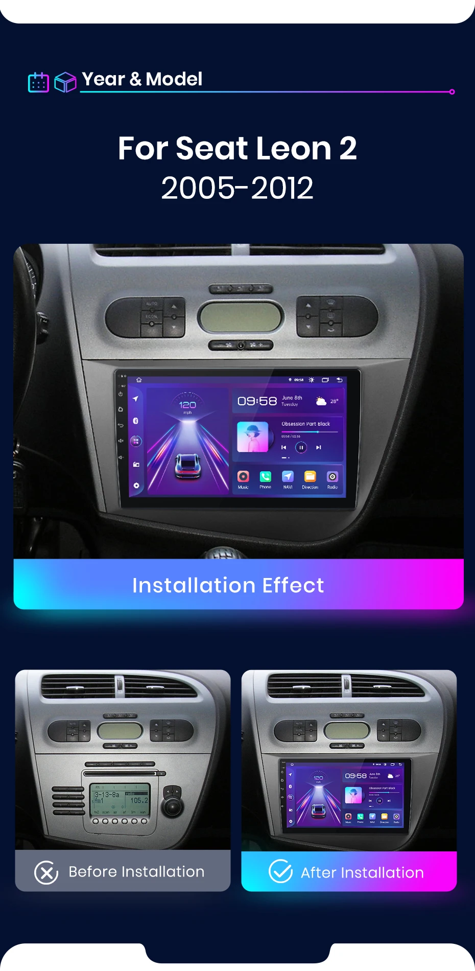 Junsun AI Wireless CarPlay für Apple Android 14 Auto Autoradio für Seat Leon MK2 2005 2006 2007 2008-2012 Multimedia Navi Stereo – Detail 3