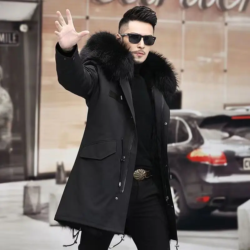 2023 New Men Winter Faux Fur Coat Mid-length Loose Trend Overcoat Thicken Warm Removable Inner Jacket Hooded Parke Outwear