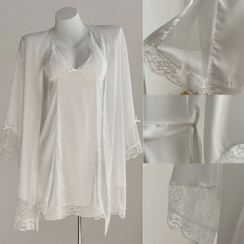 

Халат-кимоно Свадебный в дворцовом стиле, белый комплект с халатиком для невесты, кружевная рубашка с открытой спиной, атласное нижнее белье, интимное белье