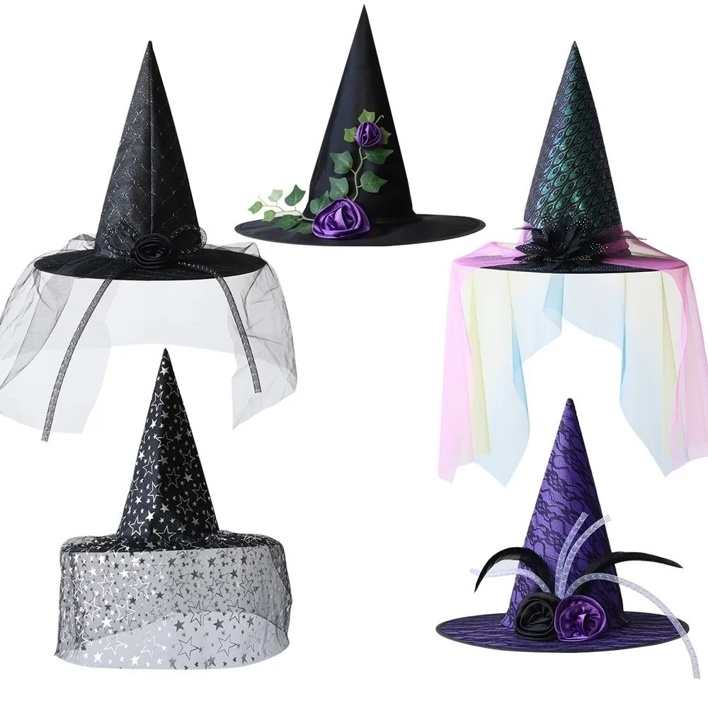 Funny Lace Veil Halloween Witch Hat Rose Party Props Flower Wizard Cap Foldable Cosplay Accessories Feather Halloween Cap Women
