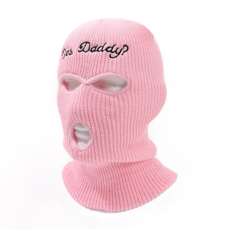 Balaclava Full Face Mask Embroidery Winter Hat for Woman Ski Mask Yes Daddy Warm Knit Full Caps Outdoor Sports Beanies 5