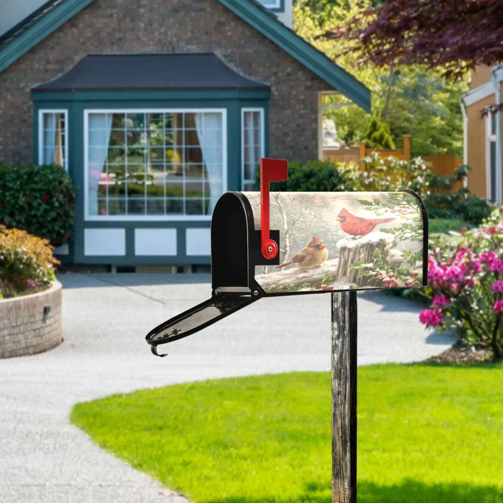 Winter Cardinal Birds Mailbox Cover Magnetic Mailbox Wrap Post Letter Box Cover Garden Home Christmas Decoration Standard Size