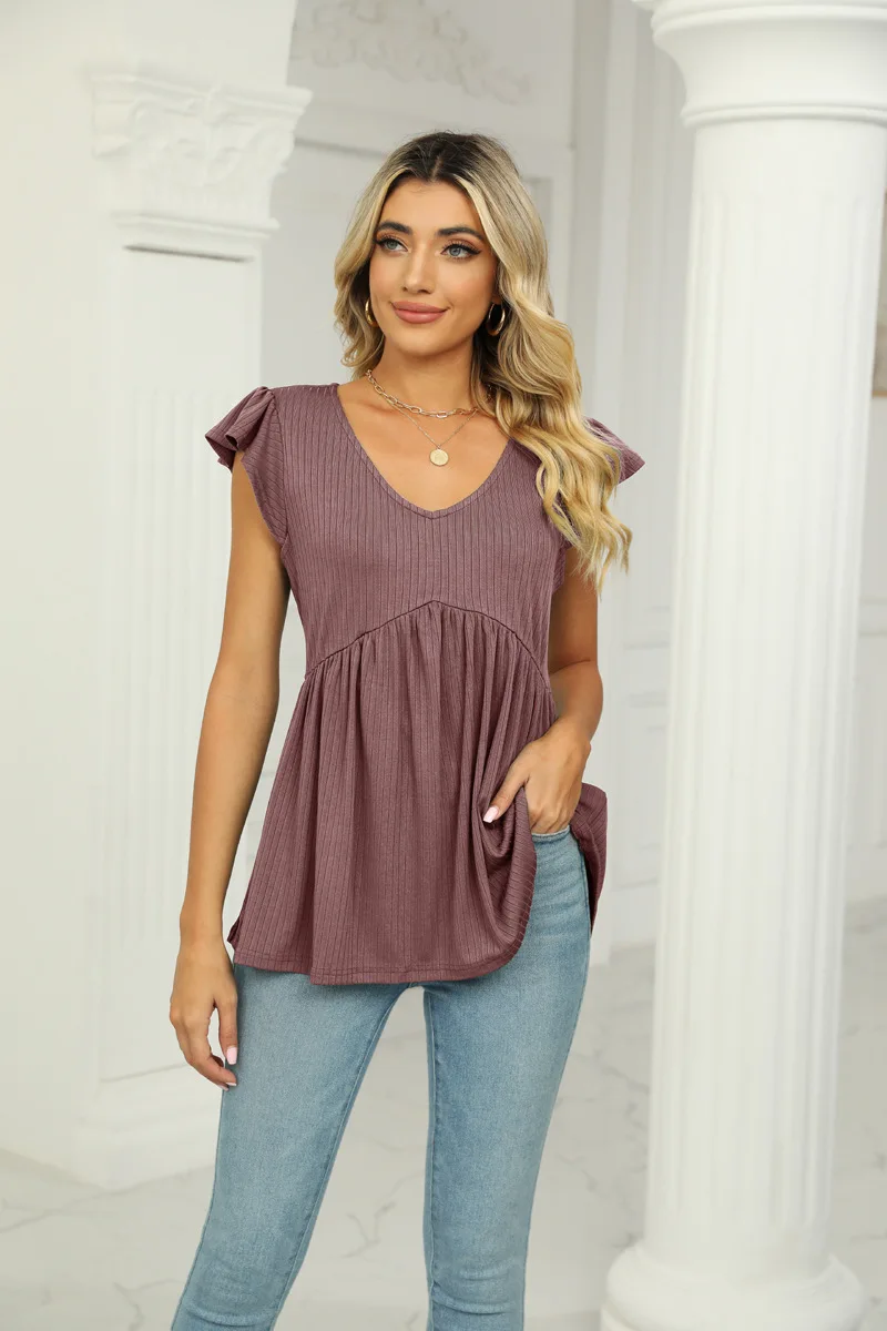 Summer Cute Babydoll Bloues Flare Tunic Loose Peplum Pleated V Neck Short Sleeve Plain Woman Tshirts Knit Rib T Shirt Tees Top