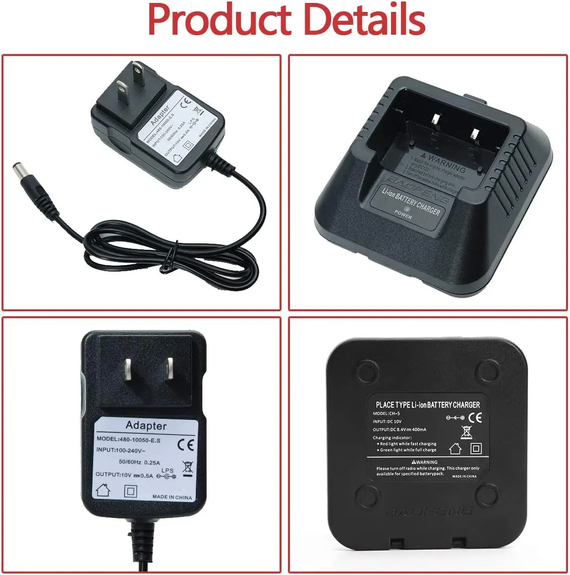 Baofeng Charger UV-5R BF-F8HP Charger Two-Way Radio Charger 100v-240v with Adapter + USB Charger Cable for UV-5R Series Walkie 2
