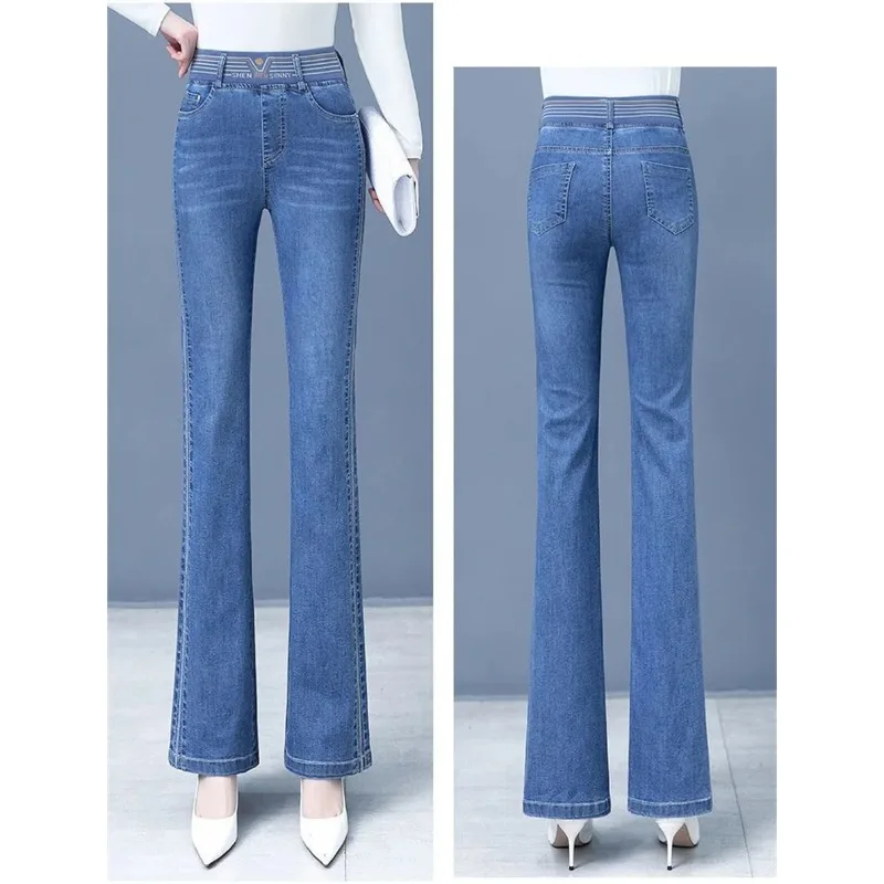 2024 New High Waist Flare Jeans Women Casual Embroidered Slim Denim Pant Spring Fall Pantalones Korean Stretch Straight Vaqueros