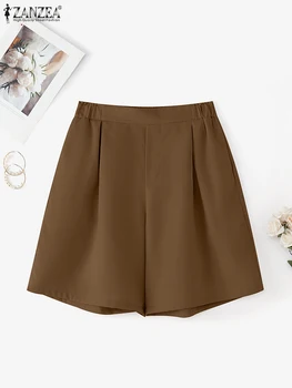 ZANZEA Pantaloncini larghi casual Donna Pantaloni corti estivi in vita elastica 2025 Moda Tasche vintage in tinta unita Fondo oversize 1