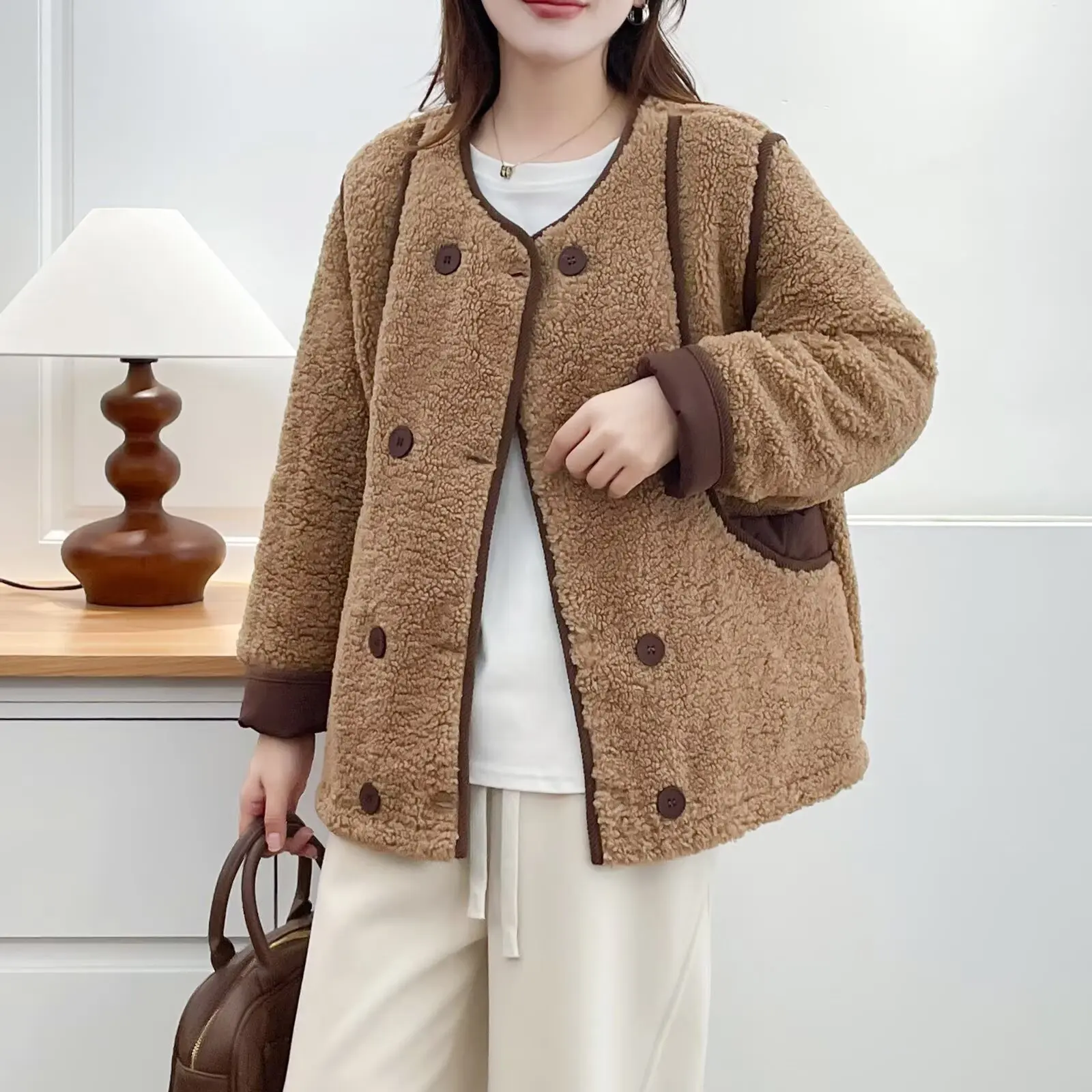 XXXXL Fashion Plus Size Women's Parkas 2025 Winter New Korean-style Design Double Breasted Fleece Jacket Warm Padded Coat 2257