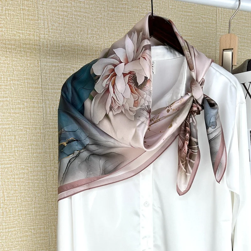 Large Square 100% Silk Head Scarves Hijab for Hair Wrapping Womens Luxury Elegant Silk Shawl Cape Soft Smooth 88x88cm