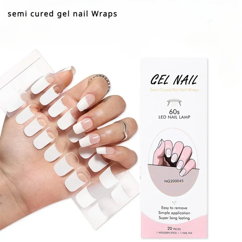 20/22Tips Semi-Cured Nail Wraps Simple Color Adhesive Waterproof Long Lasting Gel Nails Stickers set for UV Lamp Need Manicure