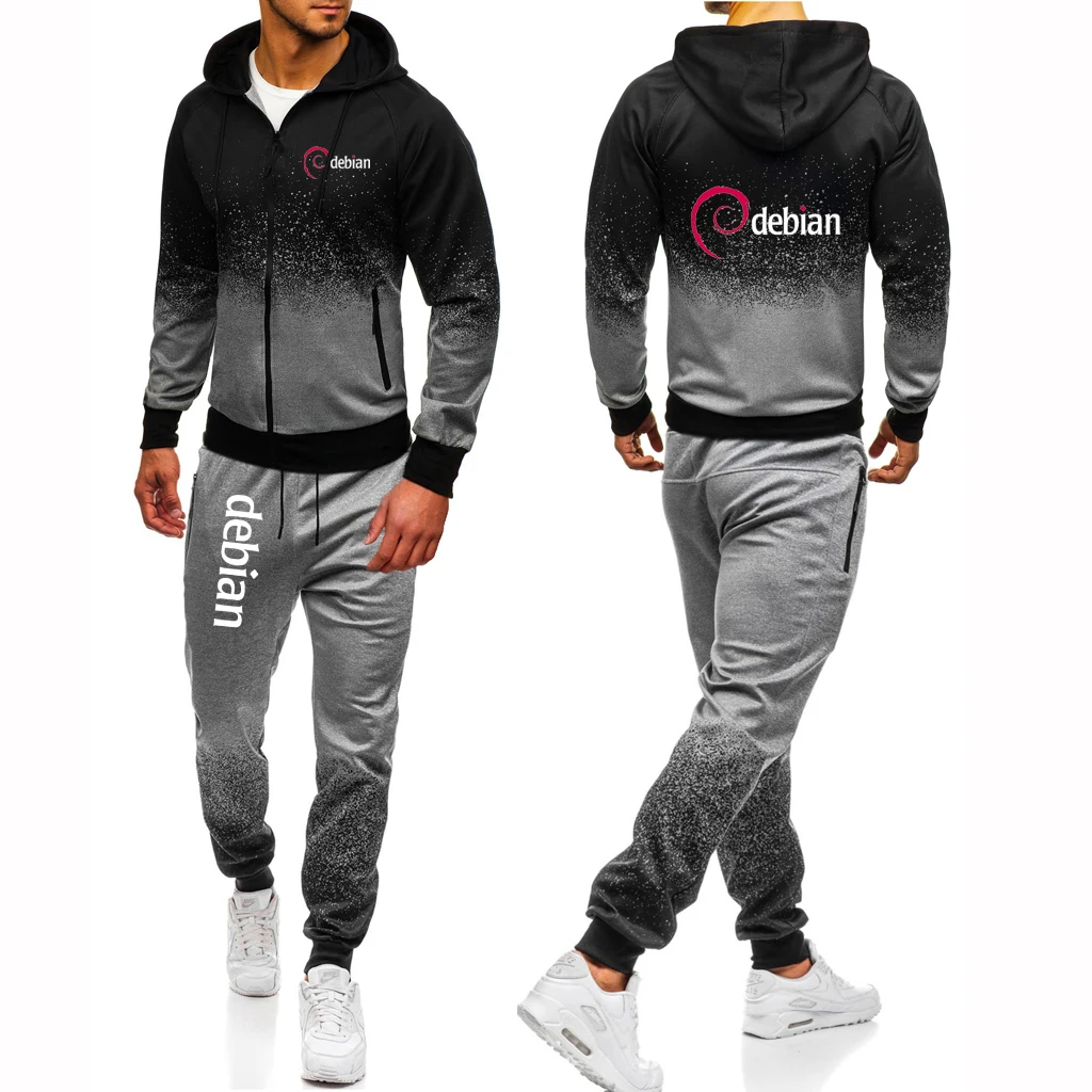 Cotton Gradient Tracksuit Men Casual Hoodie Zipper Jacket Pants