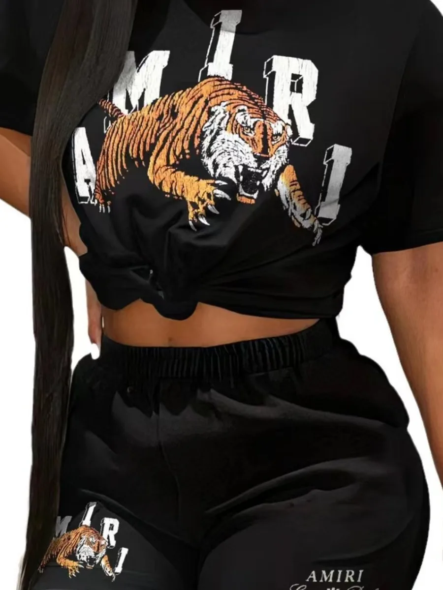 LW Tiger Letter Print Shorts Set casual short sleeved T-shirt and drawstring shorts set women's clothing summer two-piece set