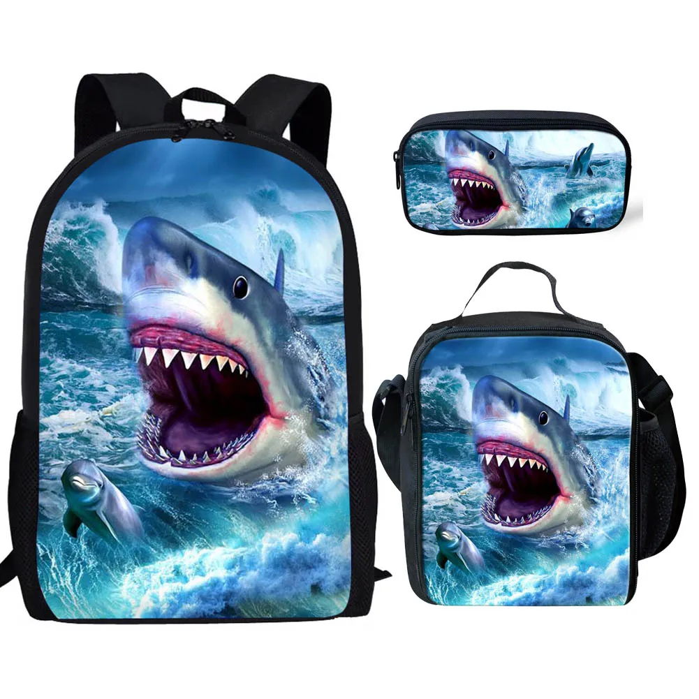Shark Design 3Pcs School Bags Set for Teen Boys Girls Schoolbag Casual Backpack for Students Bookbag Large Capacity Backpack