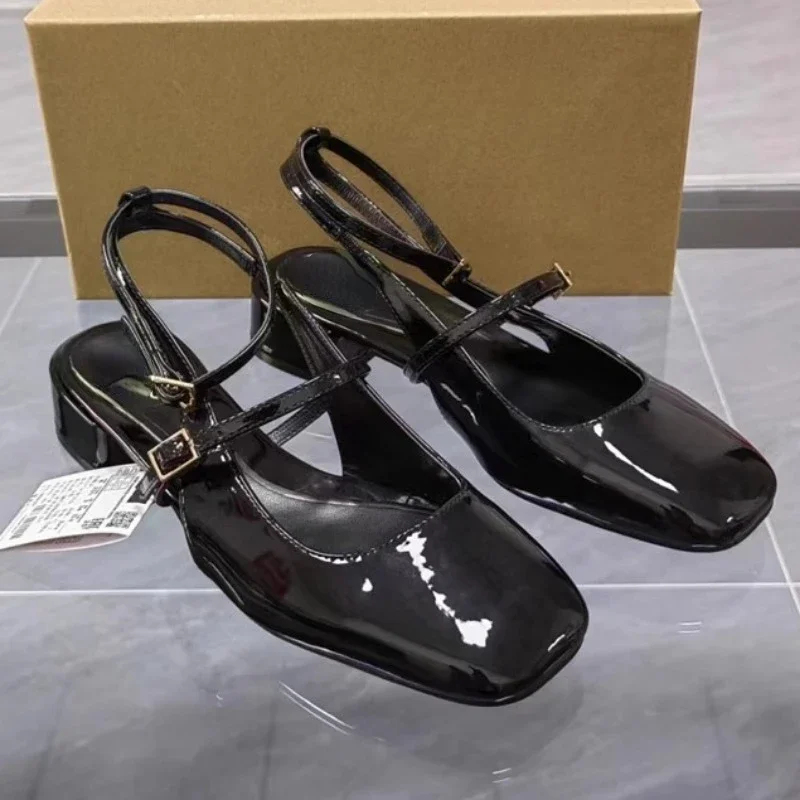Retro Square Toe Women Mary Jane Shoes Summer Fashion Ankle Strap Thick Heels Elegant Black Slingbacks Ladies Sandals
