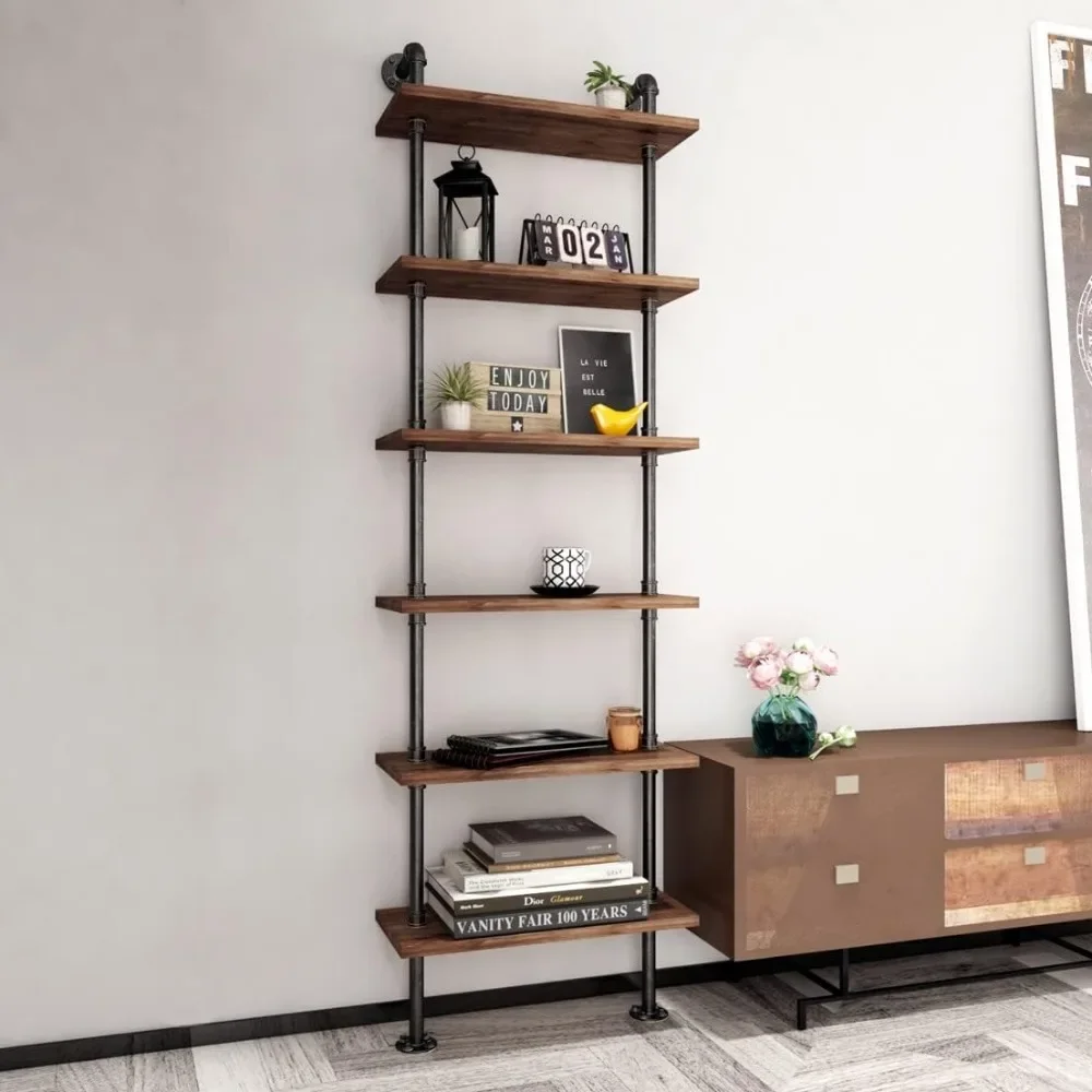 

Industrial Pipe Bookshelves Rustic Wall Ladder Bookshelf Display Storage Stand Shelf Bookcase for Living Room, Office (6 Tier)