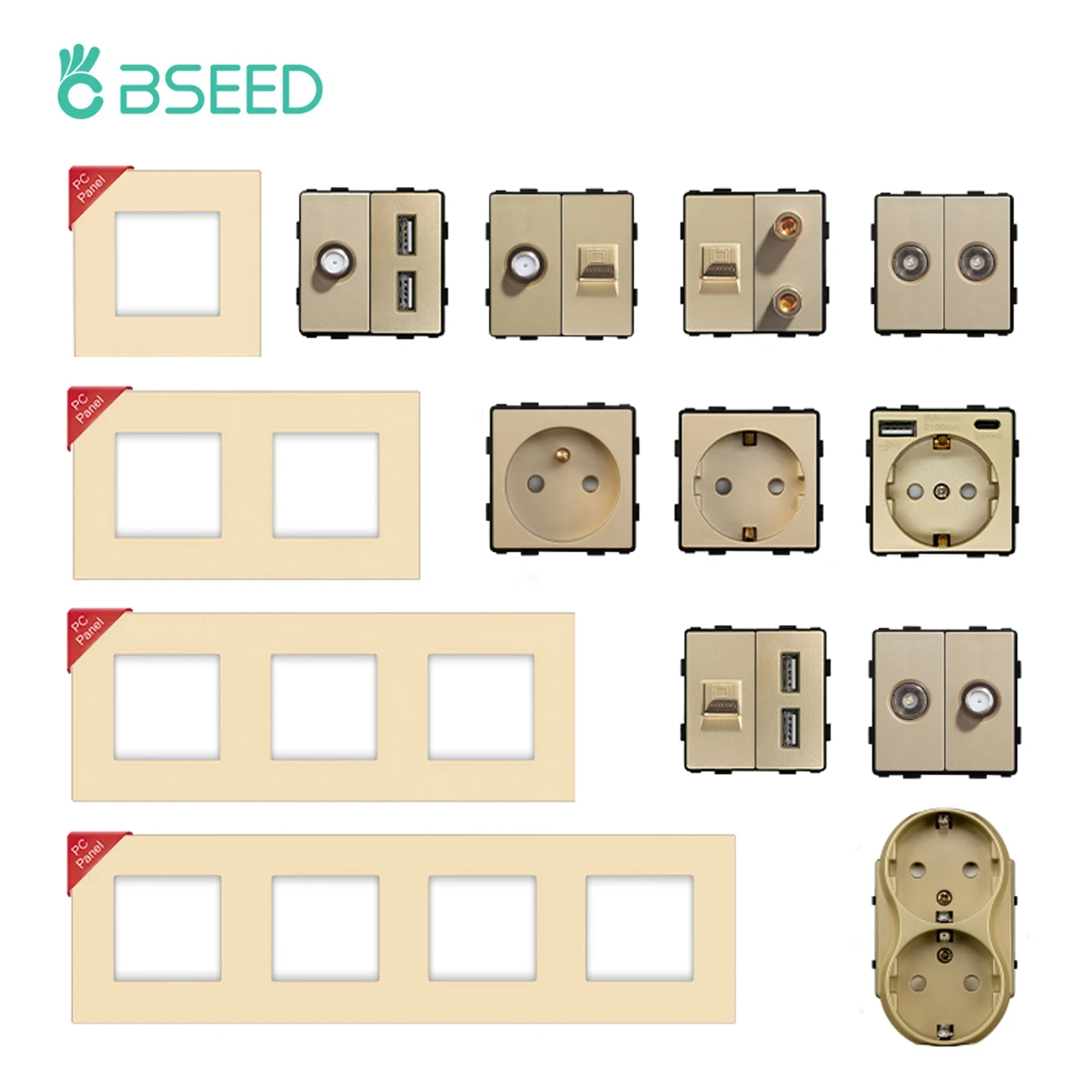 BSEED DIY 모듈 EU 플라스틱 패널 골드 더블 USB 소켓 인터넷 CAT5 RJ45 ST TV 전원 소켓 벽걸이 형 무료 조합