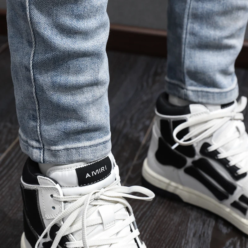 High Street Fashion Men Jeans Retro Light Blue Slim Fit Elastic Zippers Spliced Designer Biker Jeans Patched Hip Hop Pants Men