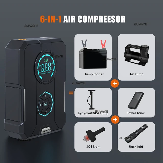 BUVAYE 6 In 1 Car Jump Starter Air Pump Portable Air Compressor Power Bank  Cars Battery Starters Starting Auto Tyre Inflator - AliExpress