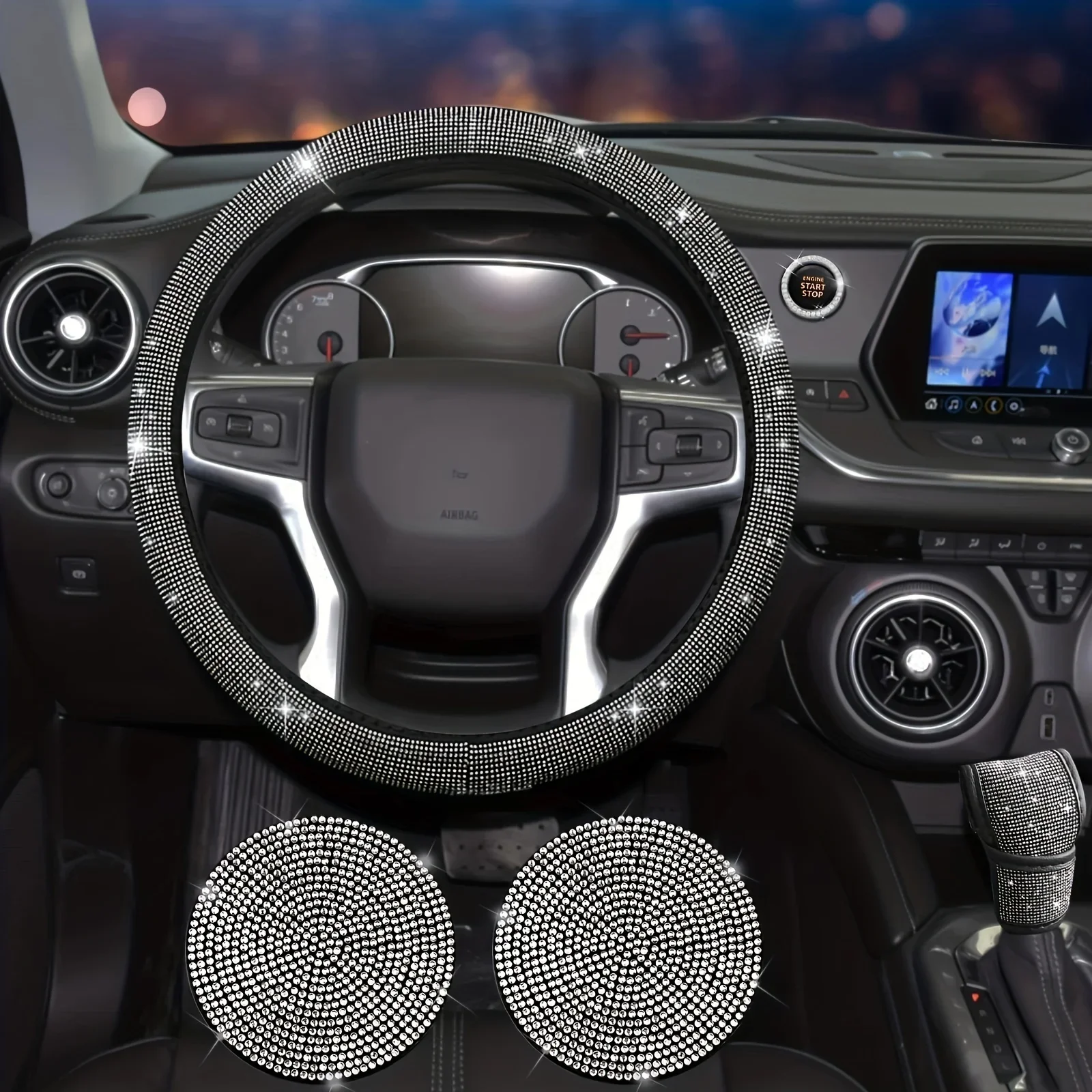 7pcs Bling Car Accessories For Women, Bling Steering Wheel Cover Bling Car Coasters Bling Car Armrest Box Mat Ring Emblem