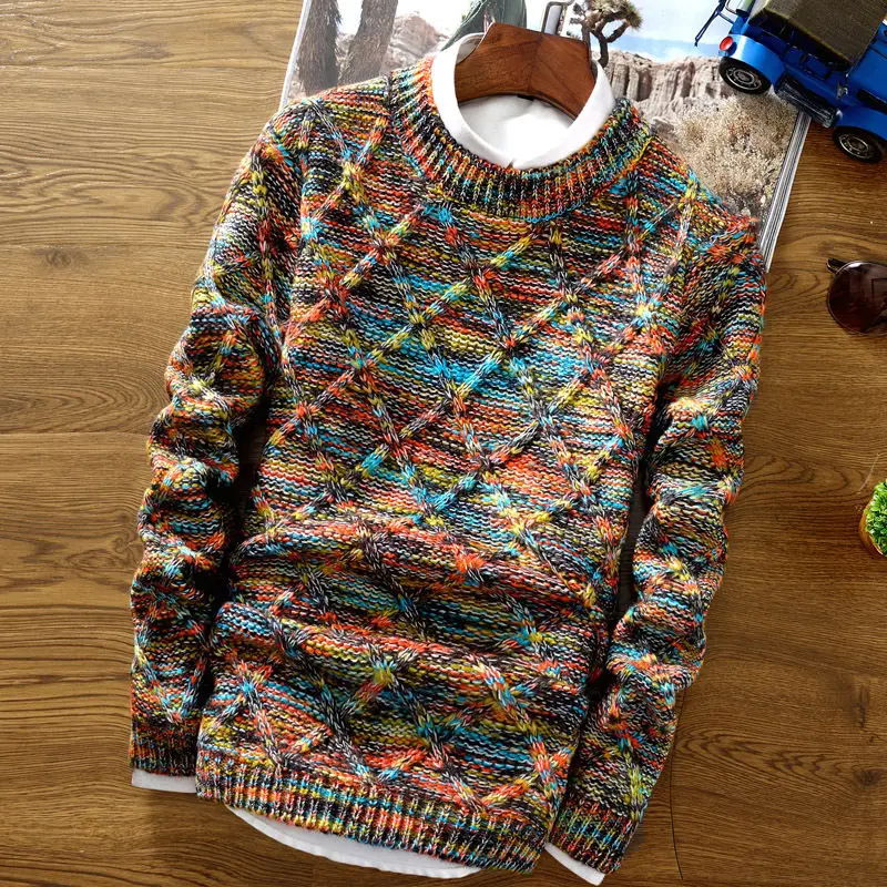 2023 New Autumn and Winter Trendy and Simple Casual Threaded Round Neck Contrasting Color Long Sleeved Men's Knitted Sweater