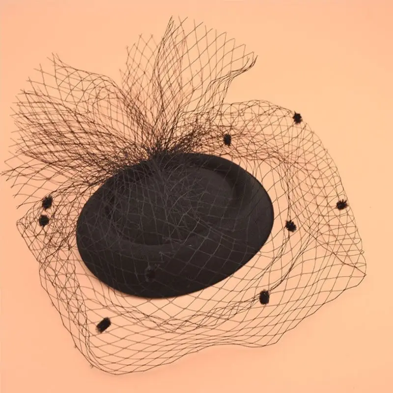 Womens Felt Fascinator Hat Mesh Veil Small Plush Point Decor Hair Clips Wedding Bridal Cocktail Headwear