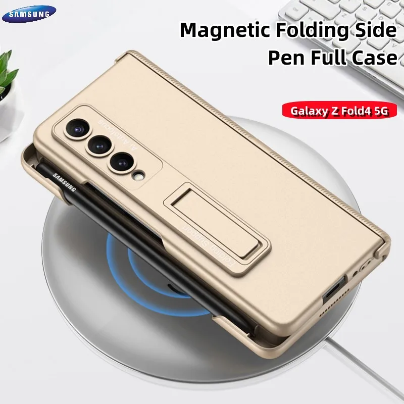 

Magnetic Hinge Fold Phone Case For Samsung Galaxy Z Fold 4 5G With Tempered Glass Film Backet Pen Slot All-inclusive Shell Funda