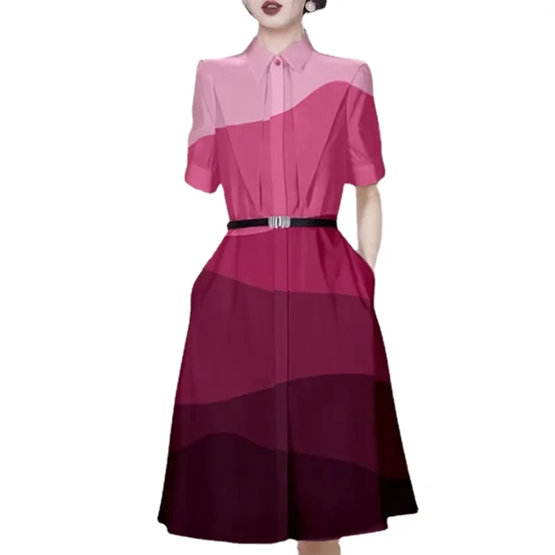 

Summer Women's Dress Short Sleeve Fit Female Clothing Gradient Casual Satin Knee-length 2024 Dresses