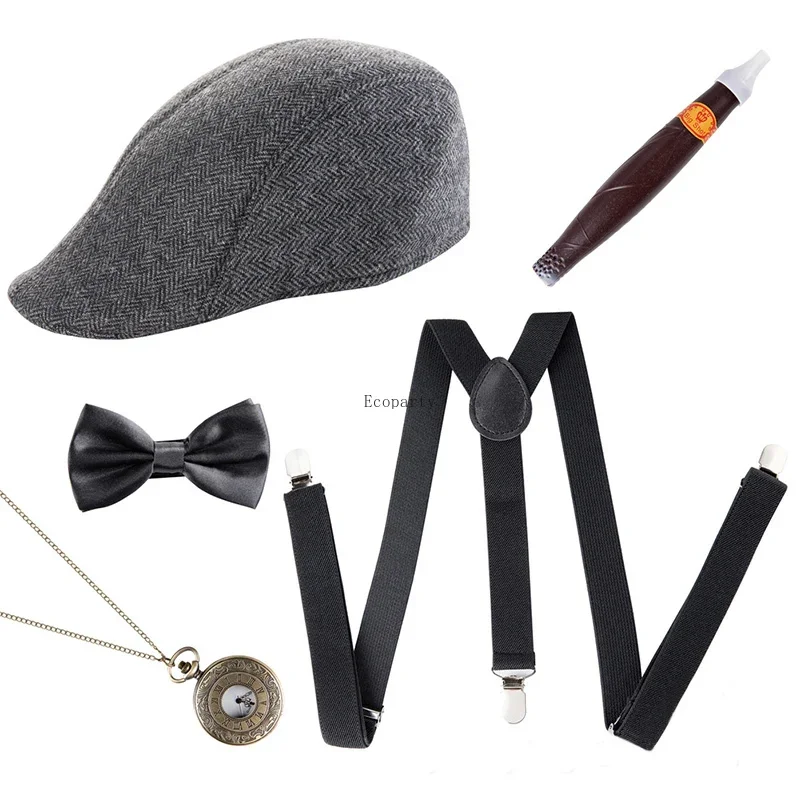 Accessori Da Uomo Anni '20 Costume Da Gangster Di Gatsby Vestito Halloween Cosplay Con Gilet Cappello Fedora Orologio Da Tasca Bretelle Cravatta (XL, Bianco E Nero