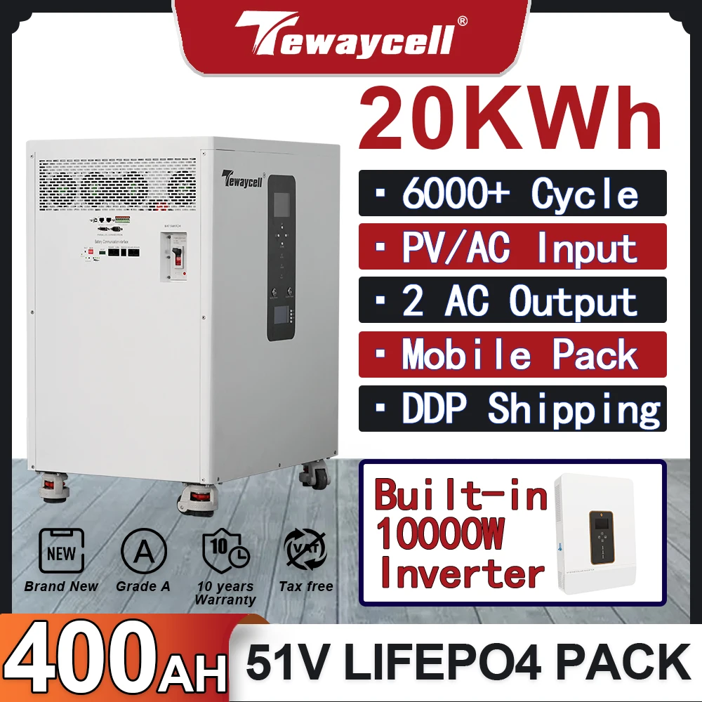 Powerwall 10 to 30KWh 51.2V 200ah to 600Ah LiFePO4 Battery Pack Buitl-in BMS 240V 10KW Output Inverter Monitor Solar ESS WiFi