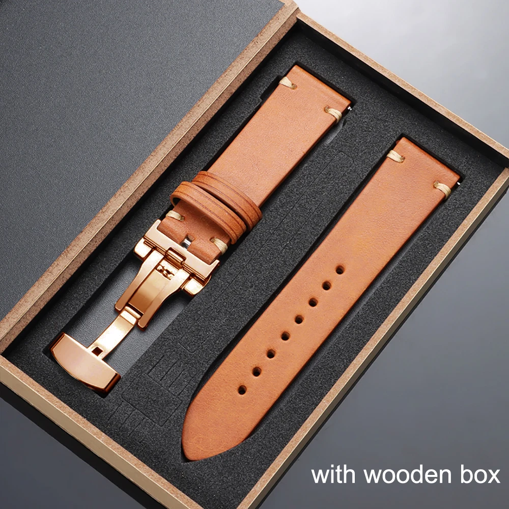 Elegant Top-Grain Leather Watch Band with Butterfly Buckle and Gift Box