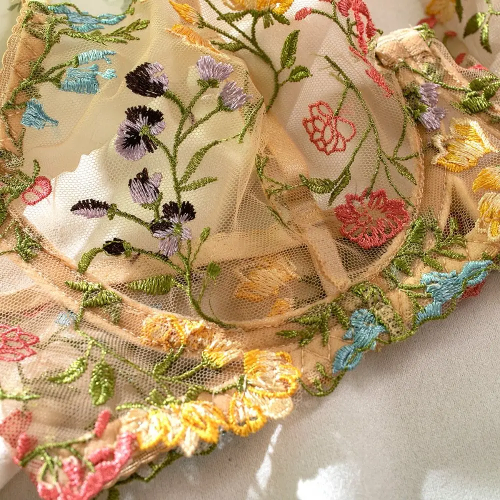 2-Piece Embroidery Lingerie Set Sexy Floral Sheer Wireless Bra Boho Bra Panty Set