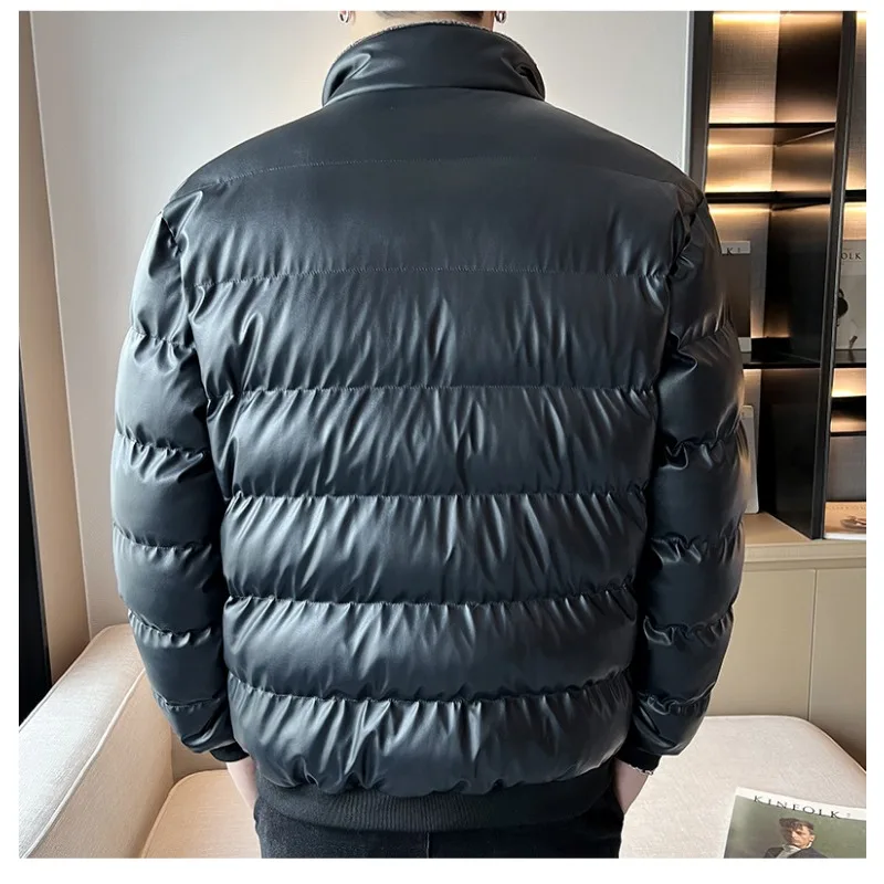 High Quality Brand Autumn Winter Coat Men Leather Jacket Thick Windproof Parka Big Pockets Stand Collar Warm Solid Puffer Jacket