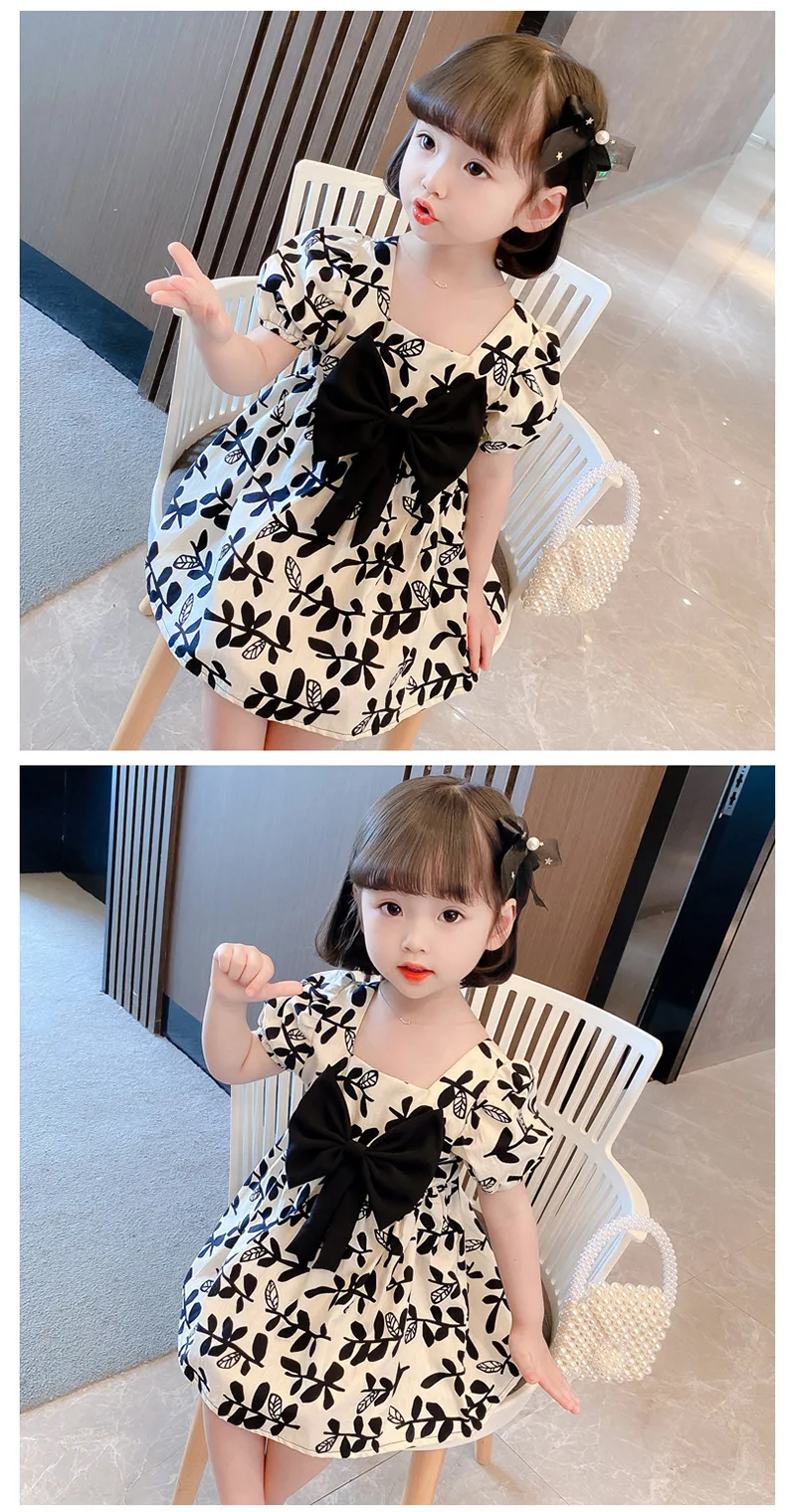 Kinder kleid 2024 neue Mädchen Sommer mode Blase Ärmel Bogen einz eilig Kragen Kleid Säugling Prinzessin Kleid 0-6 Jahre alt – Detail 19