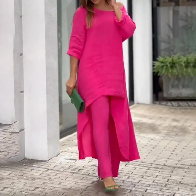 Solid Color Irregular Leisure Fashion O-neck Top and Wide Leg Pant 2 Piece Sets Summer Women High Waist Pants Linen Shirt Set