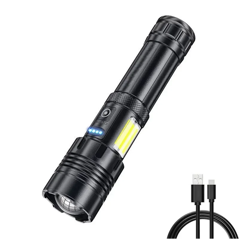 슈퍼 브라이트 강력한 LED 손전등, 보조배터리 토치 라이트, USB 충전식 캠핑 전술 손전등, COB 램프 포함, XHP50