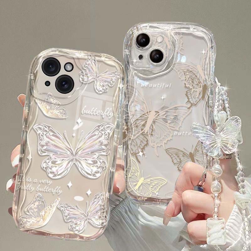 Korean 3D Butterfly Bracelet Chain Phone Case for IPhone 15 16 Pro Max 14 11 13 12 Mini XR 8 7 Plus XS SE 2022 Wavy Clear Cover