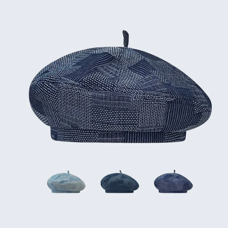 

Denim Blue Plaid Beret for Womem Cool Denim Cotton British Style Octagonal Hat Summer Thin Vintage Cap Painter Hat