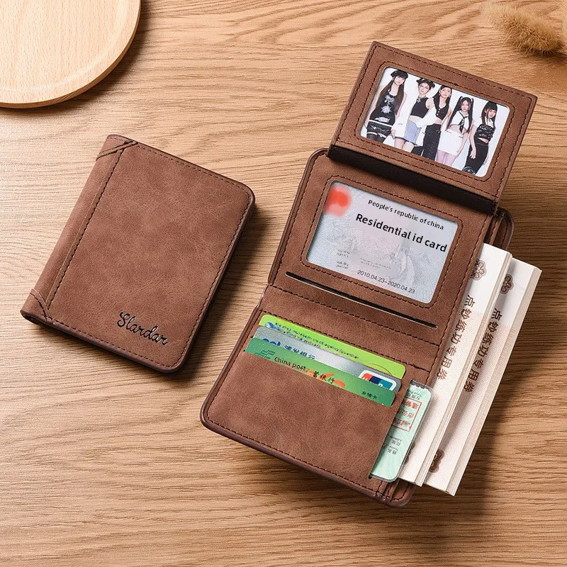 New trendy men's wallet, short matte leather wallet, multi slot wallet, retro three fold vertical wallet