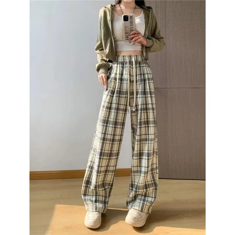 Women's Spring Summer Striped Solid Plaid Elastic Pocket High Waisted Loose Casual Sports Wide Leg Trousers Office Lady Pants