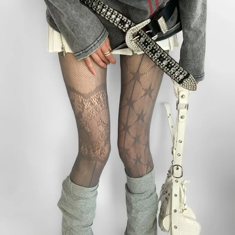 Women's Tights Hollow Out Mesh Patterned Fishnet Stockings AB Design Five-pointed Star Printed Sexy Punk Style Slim Pantyhose