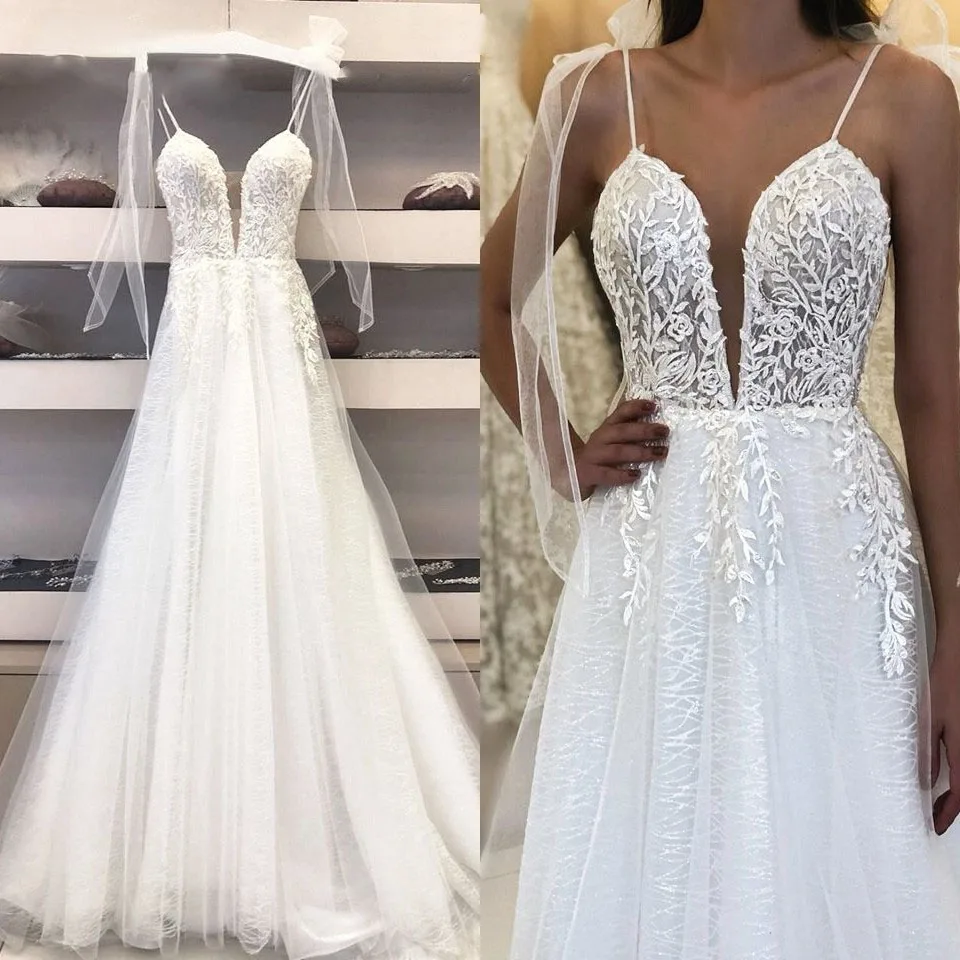 

Deep V-Neck Sexy Bridal Wedding Dress Robe Boheme Glitter Tulle Mariage Wedding Gowns Vestidos Boho Wedding Dresses