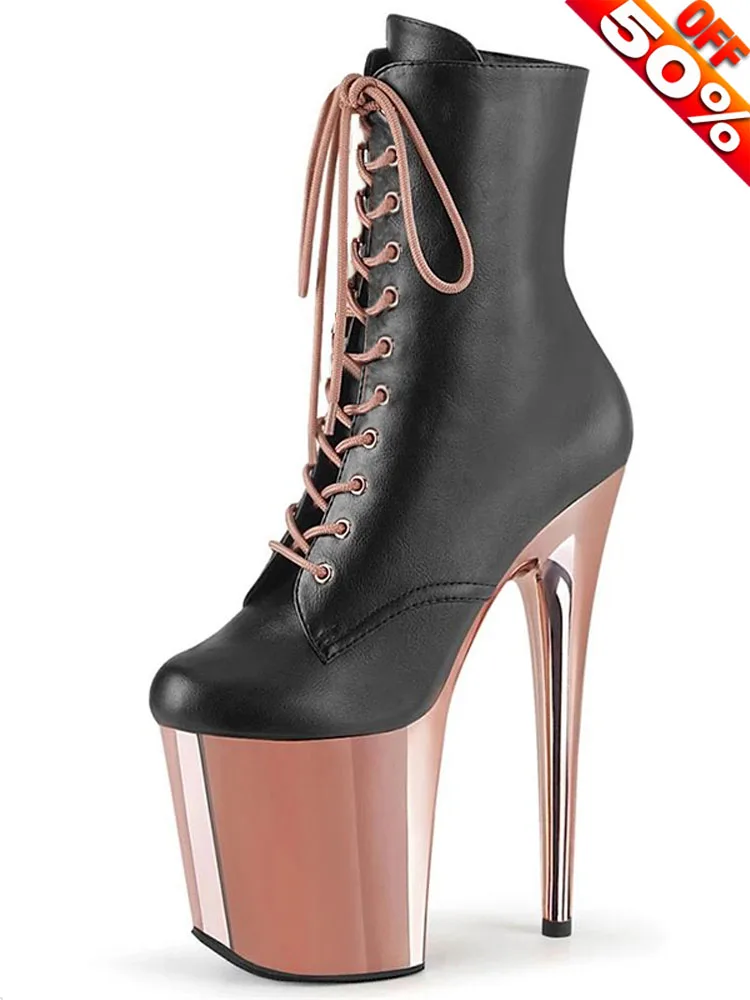 

Round Toe Sexy Fetish Gothic Platform Boots 20CM Stripper Heels Crossdress 17cm Exotic Women's Shoes Dress Lace Up Pole Dance