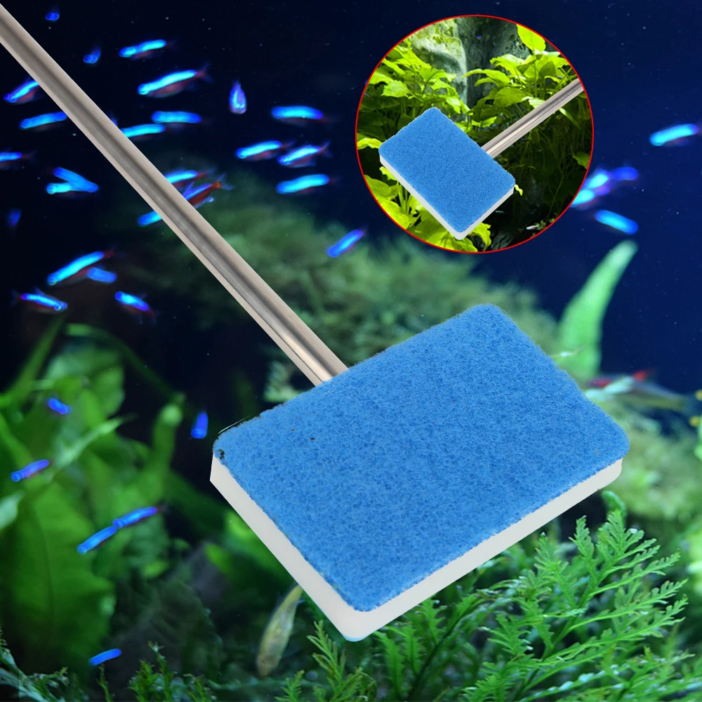 Double-Sided Sponge Cleaning Brush Super Long Handle 180&deg; adjustable Cleaner Scrubber Aquarium Fish Tank Glass Window Algae