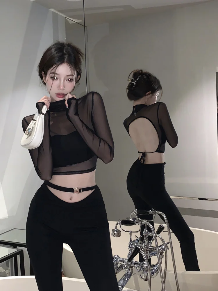 

Suit Pants Mesh Perspective T-shirt Women's Summer Semi-high Collar Black Hot Girl Backless Sexy Slim Long Sleeve Short Top