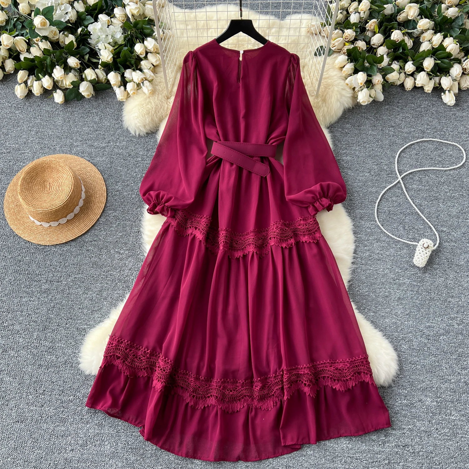French Vintage O Neck Hollow Out Lace Patchwork Long Lantern Sleeves Korean Fashion Dresses Women's Autumn Waist Sweet Clothing