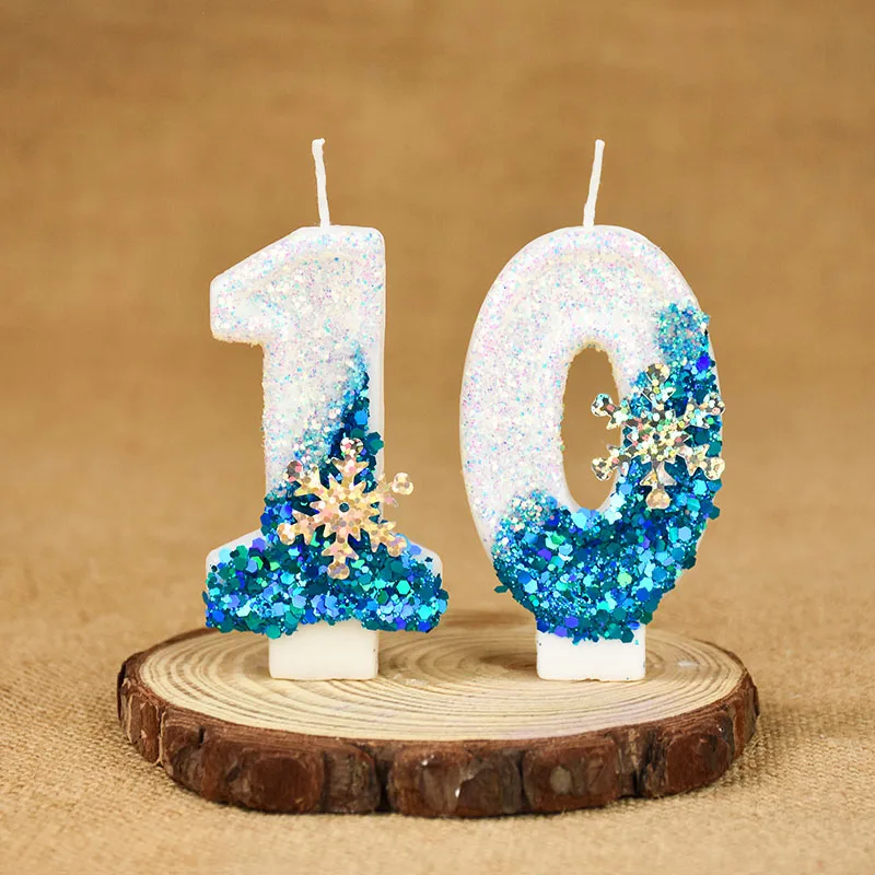 1 Stück Prinzessin Geburtstag 0-9 Zahlenkerze Blaue Schneeflocke Flammenlose gefrorene Kerzen Hochzeit Party Dekoration Geburtstag Dessert Versorgung – Detail 9